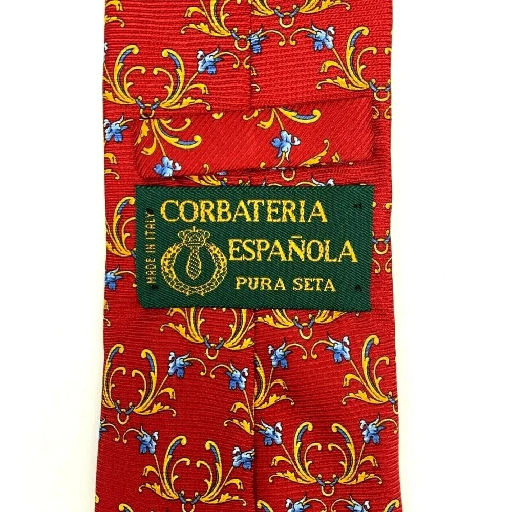 CORBATERIA ESPAÑOLA Tie 100% Silk Red w/ Yellow Blue Textured Floral Necktie
